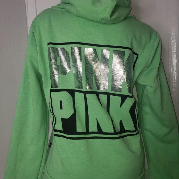 Victorias Secret PINK Bright Green Zip Front Hoodie Womens Size Large - Picture 4 of 9